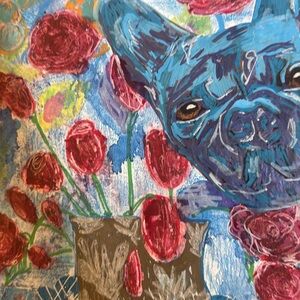 Blue Floral & Dog Mixed-Media Canvas Art 10” by 18”. Acrylic, oil and magazine
